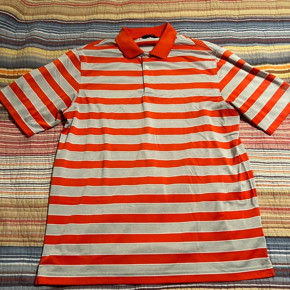 Walter Hagen Essentials Golf Polo Shirt Mens Large Striped Orange Gray‎